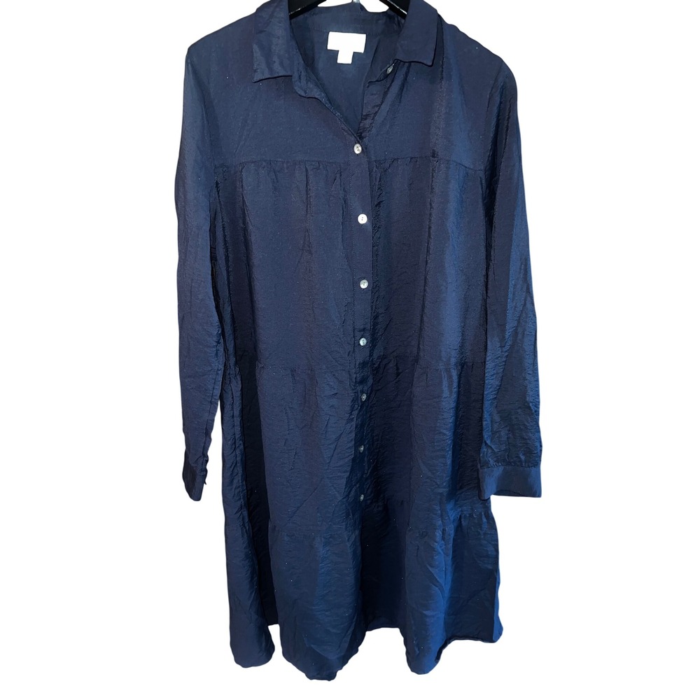 J. Jill Navy Blue Tiered Long Sleeve Button Down Shirt Dress Medium